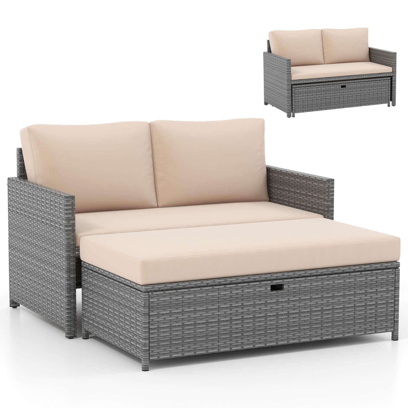 Patio 2 PCS Loveseat w/ 31 Gal Multifunctional Storage Ottoman & Soft Cushions