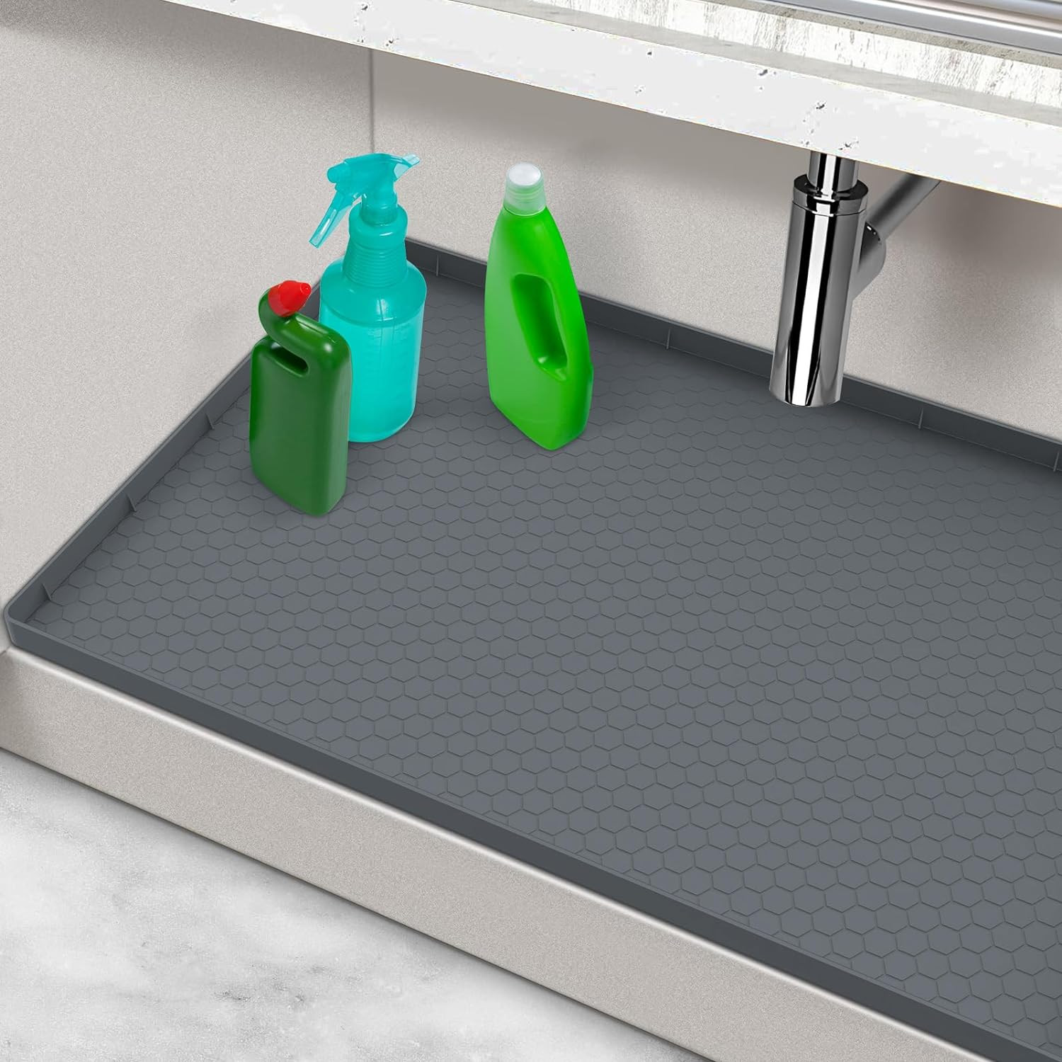 Waterproof under Sink Mat 28" X 19" Silicone under Sink Mats for Kitchen Gray