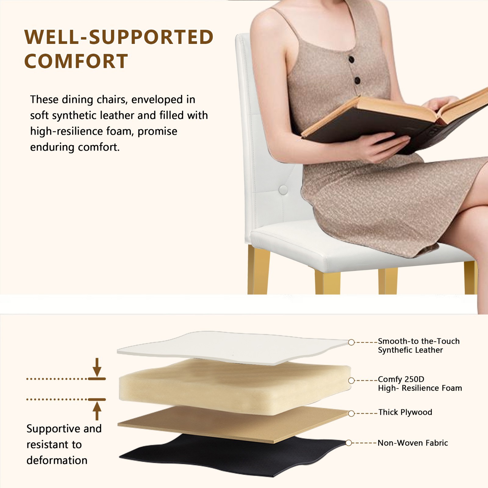 White PU Chairs 4-Pack-Ergonomic Backrest & Golden Metal Legs