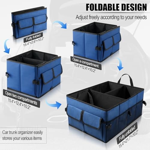 Auto Collapsible Trunk Organizer, 3 Large Compartments and 6 Pockets Dark Blue