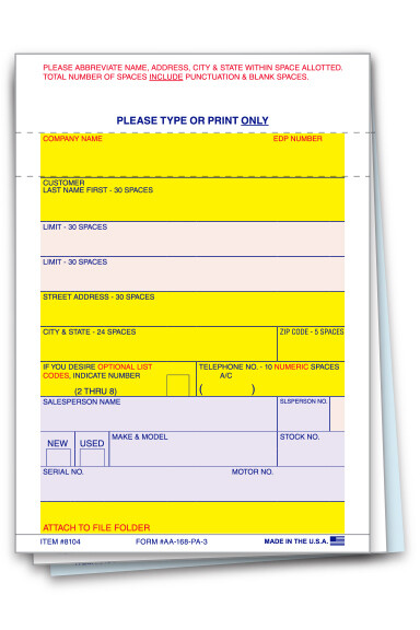 VEHICLE DEAL LABLES PLAIN BLANK CAR LOT DEALERSHIP SUPPLIES FORM AA-168 P/A - 3