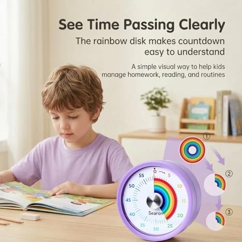 Magnetic Visual Timer for Kids — 3.15" 60-Minute Rainbow Dial Timer for Purple