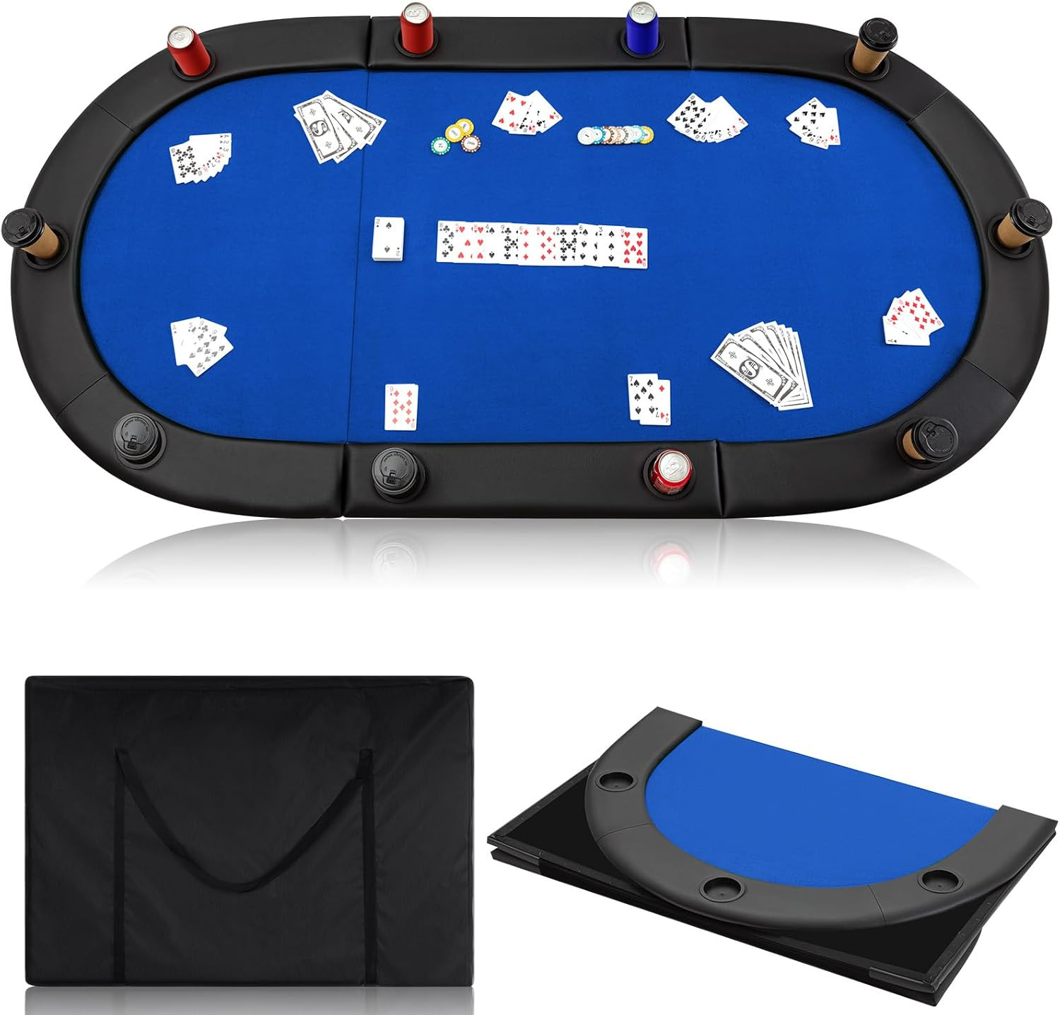 84" Tri Fold Folding Poker Padded Table Top with 10 Cupholders, anti Slip Felt T