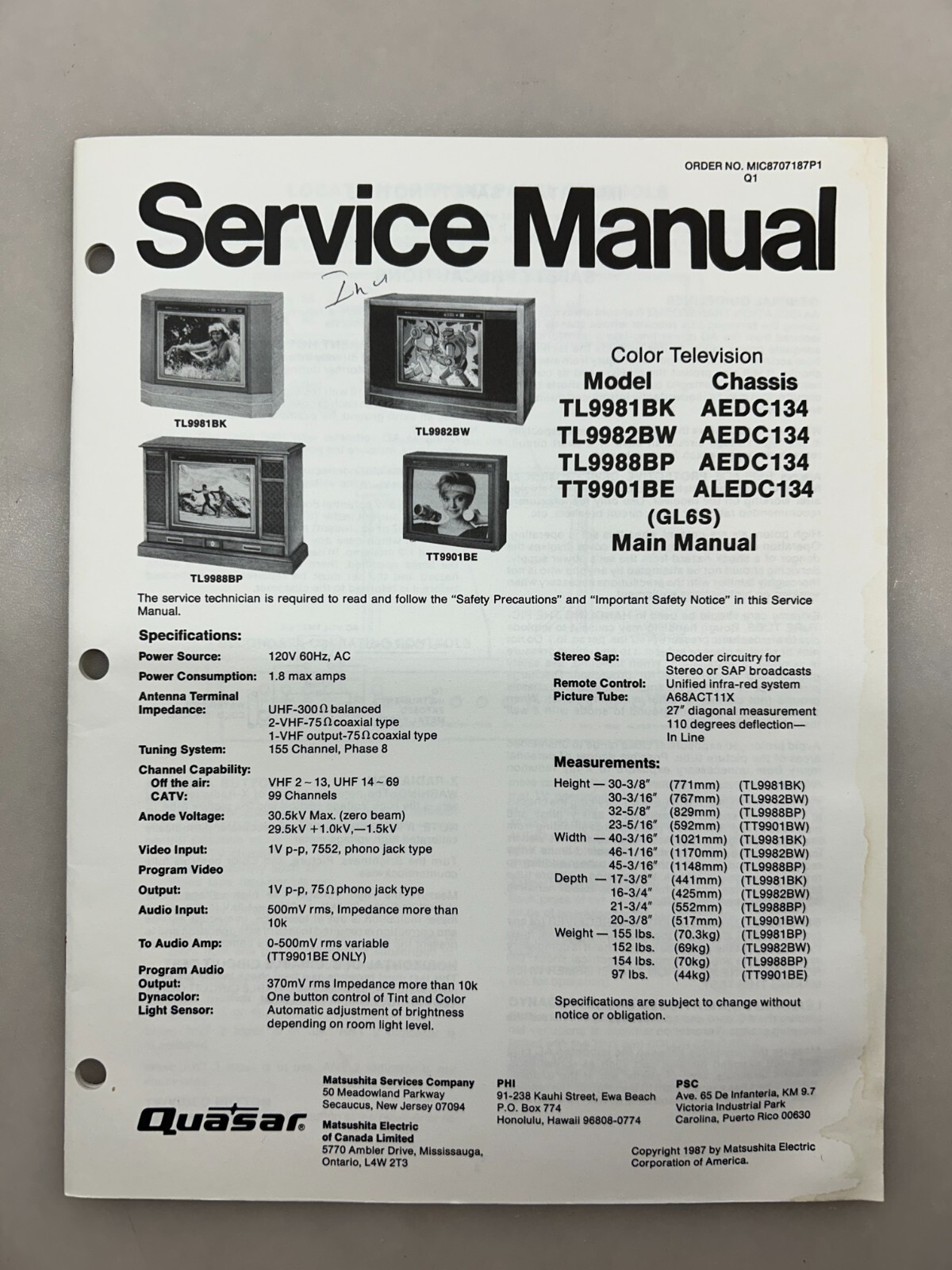 Quasar TL9981BK TL9982BW TL9988BP TT9901BE Original Service Manual Free Shipping