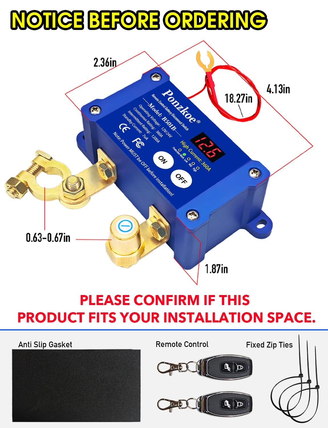 360A Remote Car Battery Disconnect Switch with LED Voltage Display - 12V Blue