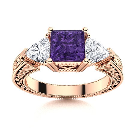 6mm Princess Cut Amethyst Ring Three Stone Band 925 Sterling Silver Rose Plated