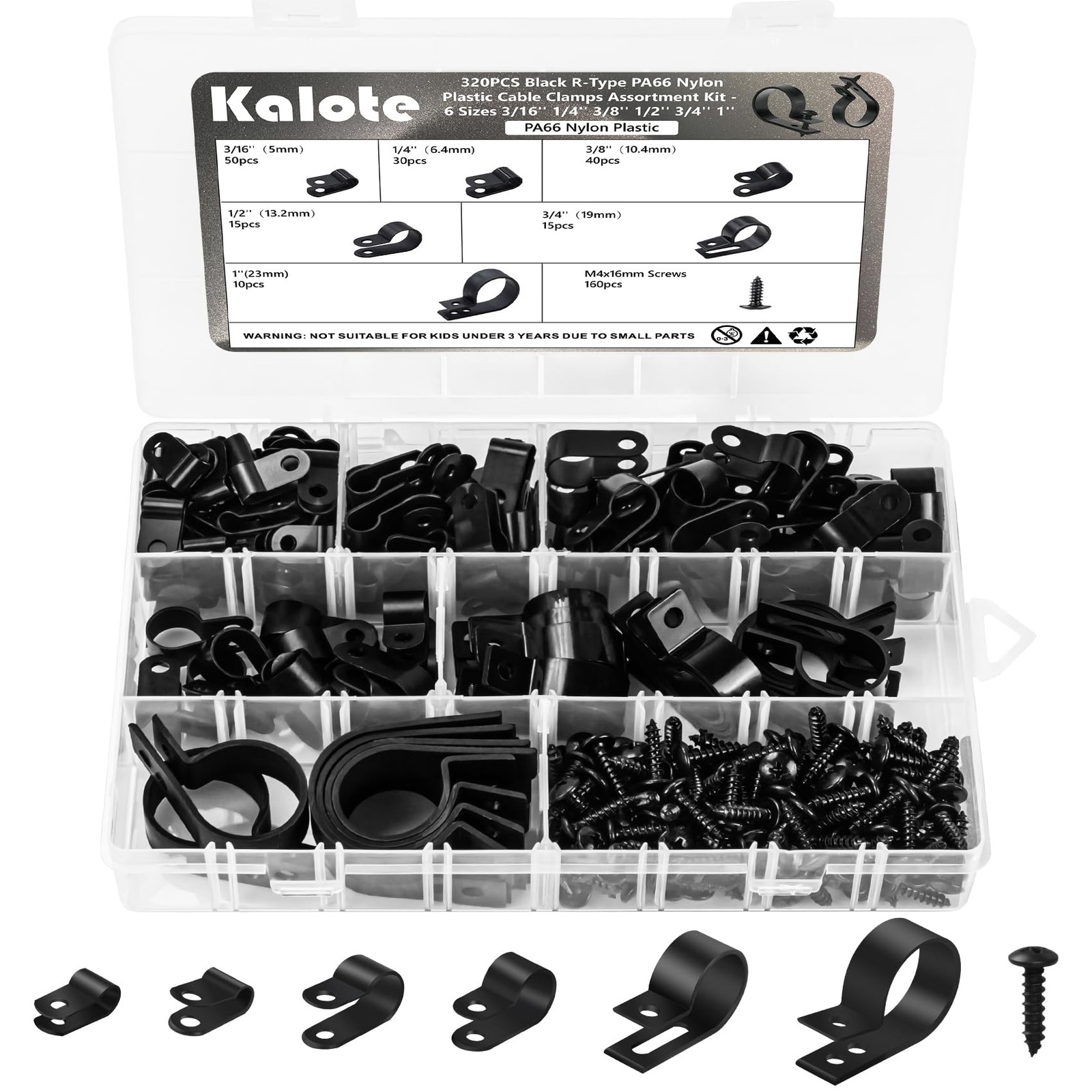 320 PCS Black R Cable Clips 6 Sizes 3/16 1/4 3/8 1/2 3/4 1 Inch Nylon Clamp