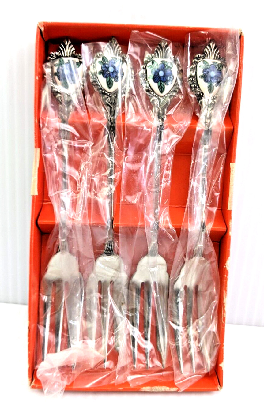 4 Stainless Cocktail Snack Pickle Forks Ceramic Insert Blue Flowers Japan New