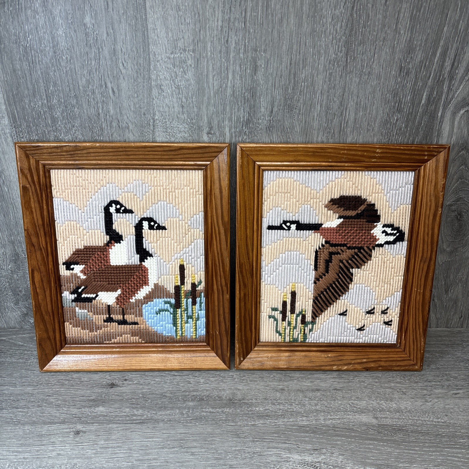 Vintage CANADA GEESE plastic canvas pattern MCM Decor Framed Cabin Hunting Hang