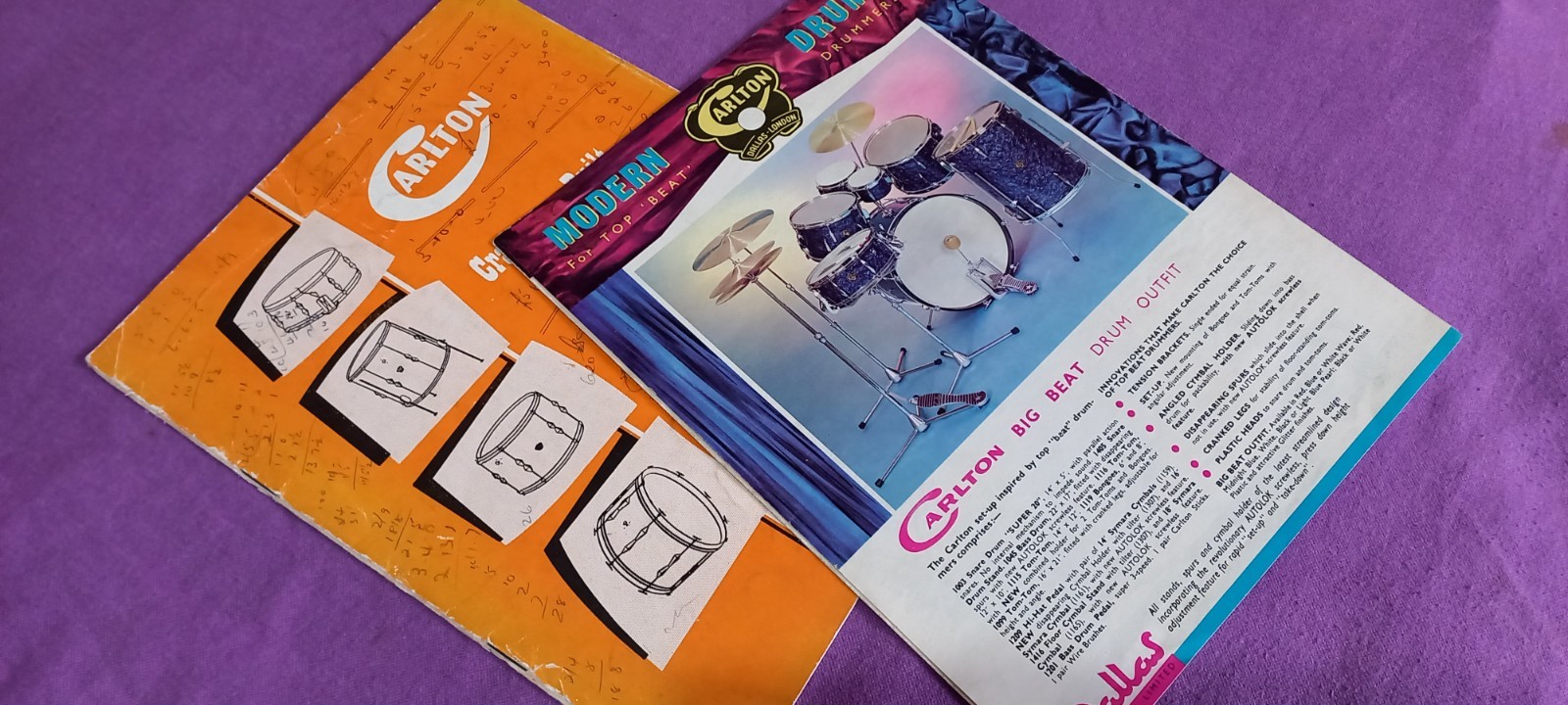 TWO Vintage 50/60s Carlton drum catalogues vg/ok cond. Colour pages, as shown