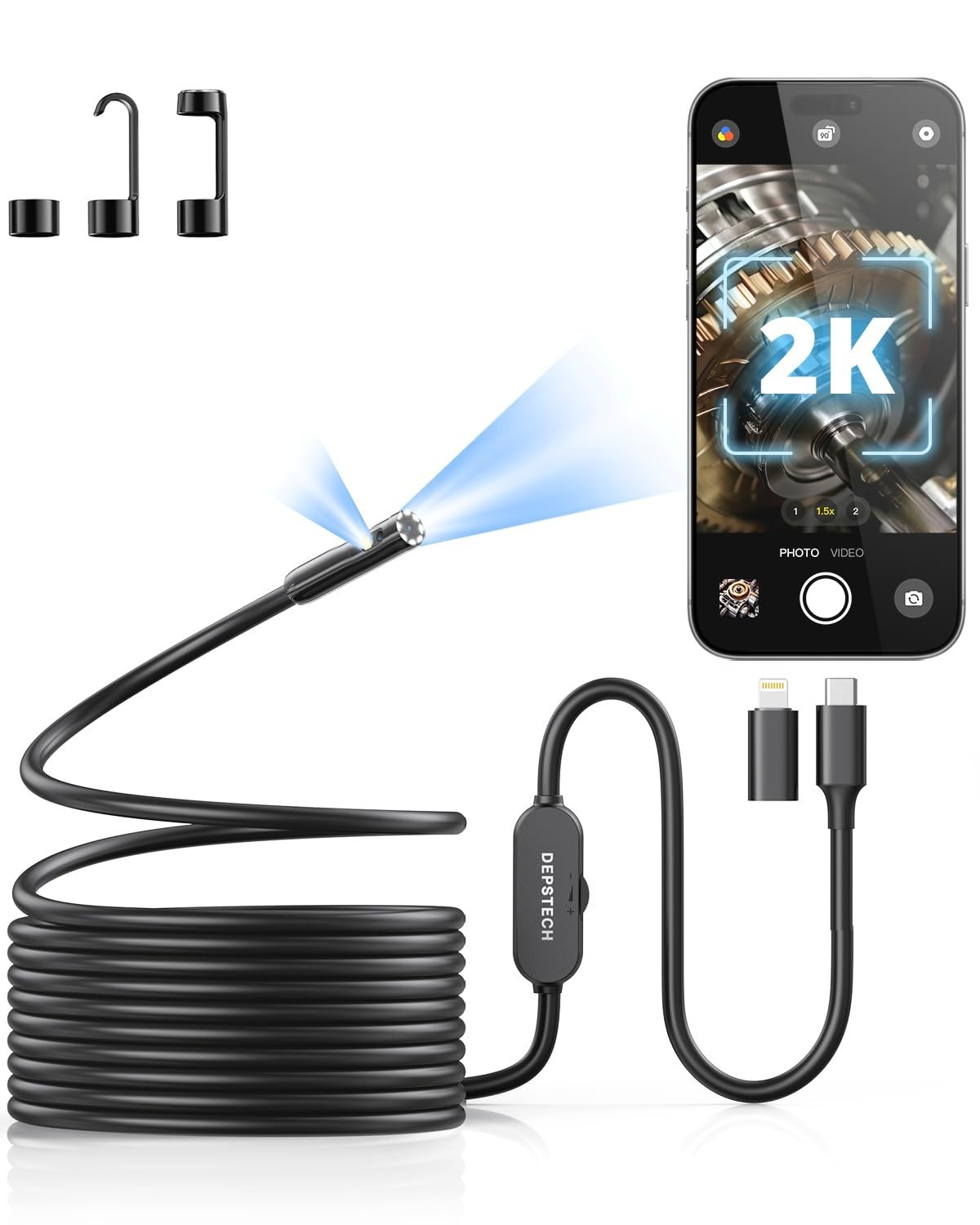2K Dual Lens Endoscope Camera with Light, 2560P Borescope for iPhone & Android,