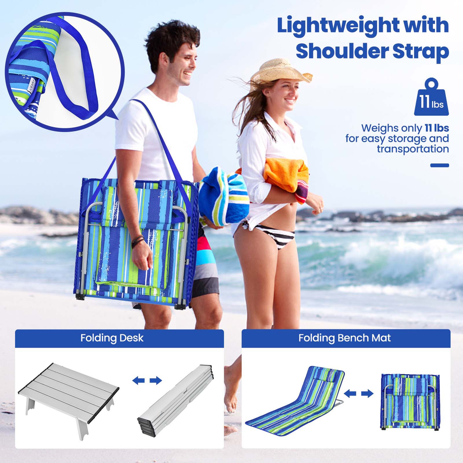 3PCS Folding Beach Mat Set Adjustable Beach Lounge Chair & Side Table Set Stripe