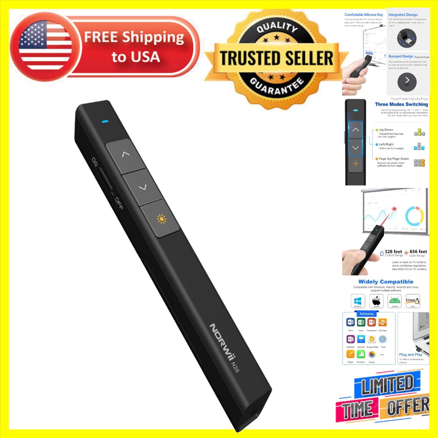 N26 Wireless Presentation Clicker with Red Pointer: 328ft Control Range - Black