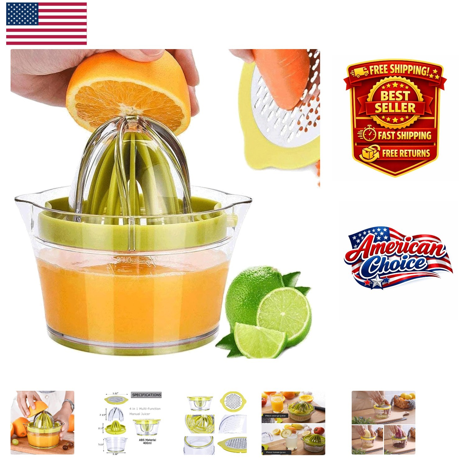 Compact Citrus Juicer with Multi-Reamers and Measuring Cup, Stylish Green Design