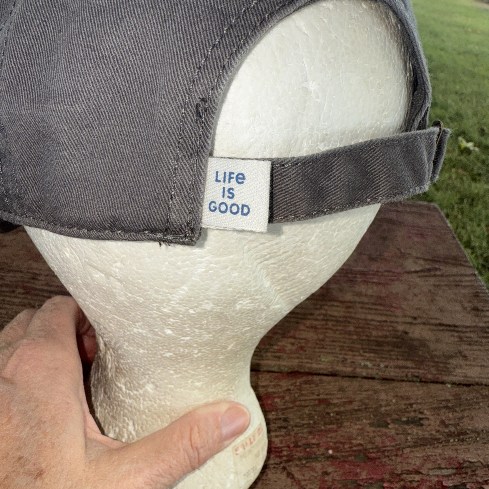 Life is Good Red White Distressed Patch on Gray Hat Cap Cotton Strap Buckle EUC