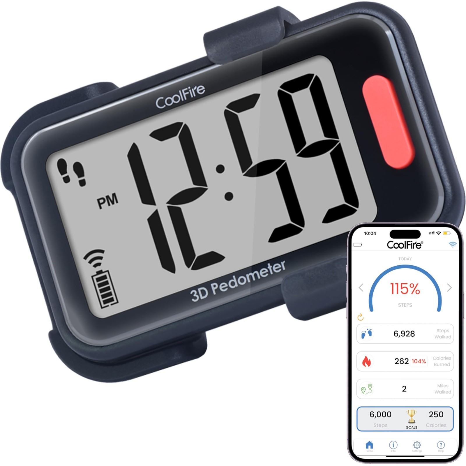 CoolFire - Clip-On 3D Pedometer Step Counter for Walking Steps, mat black