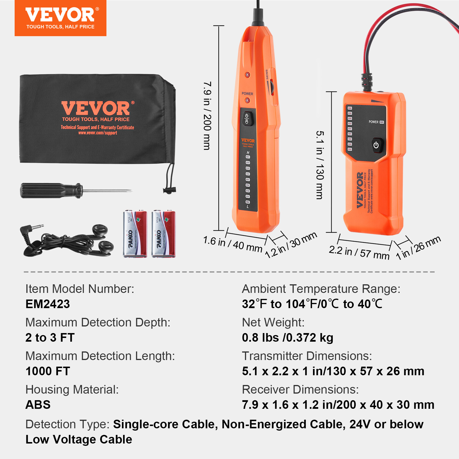 VEVOR Underground Cable Locator 3 FT Max. Detection Depth Wire Break Detector