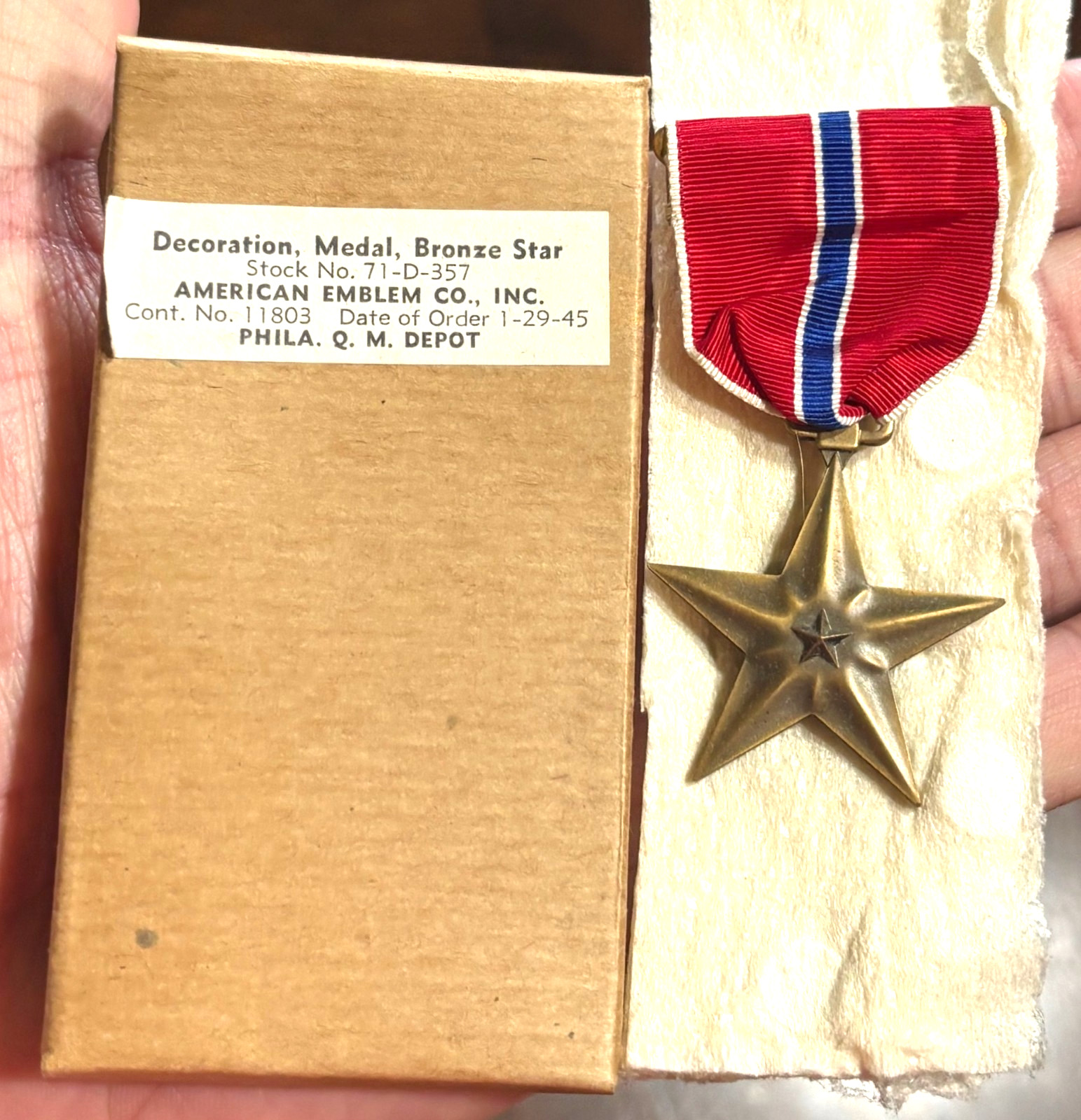 WWII 1945 Bronze Star Medal With Original Tan Colored Cardboard Box by A.E. Co.