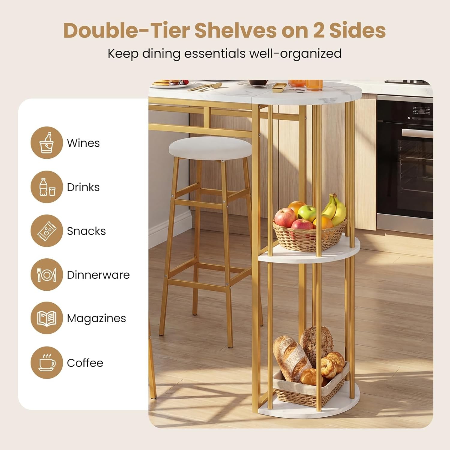 Bar Table Set for 2 with Storage Shelves, 60" Dining Table & 2 Upholstered