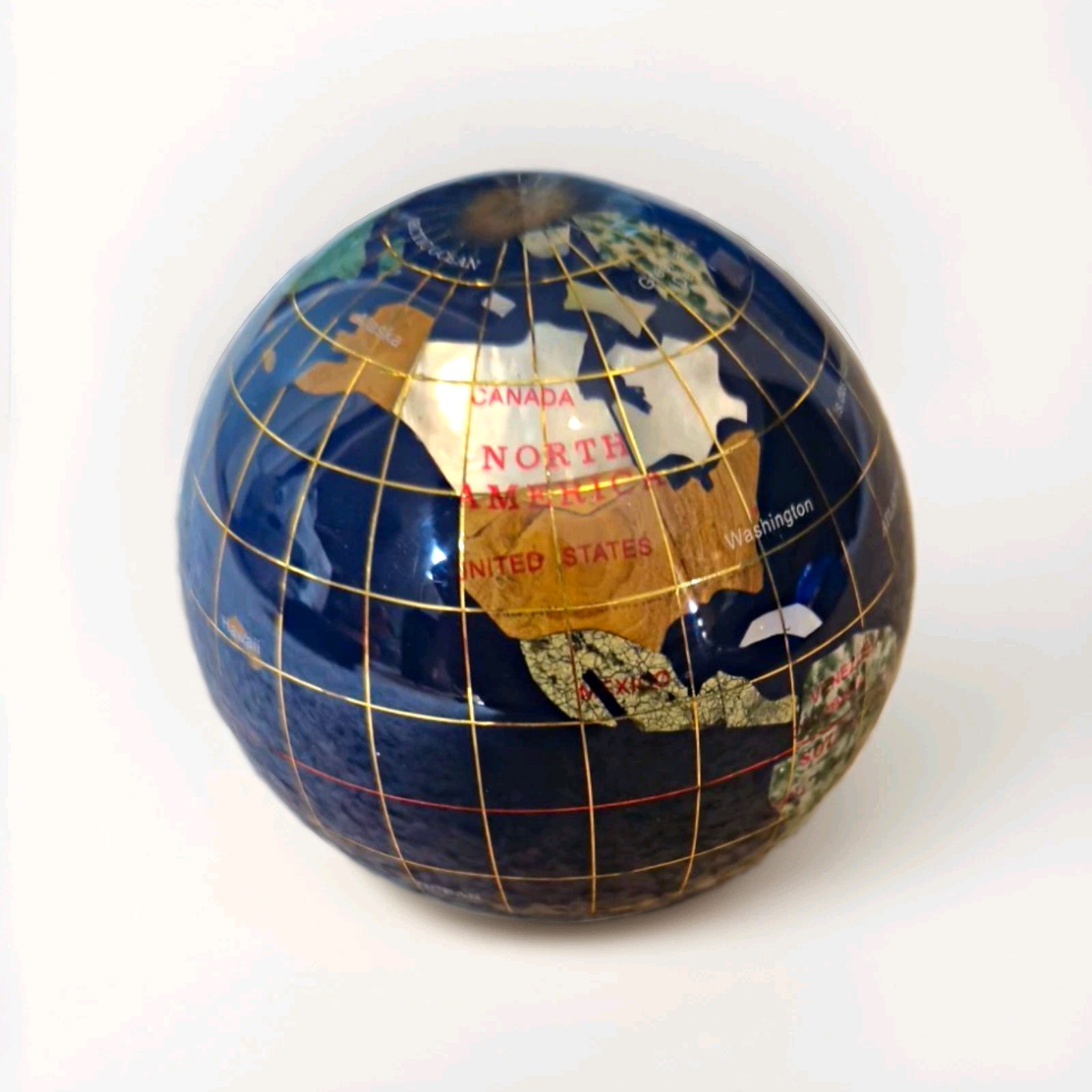 Vintage Blue Lapis Gemstone Inlay World Globe 3” Desktop Paperweight