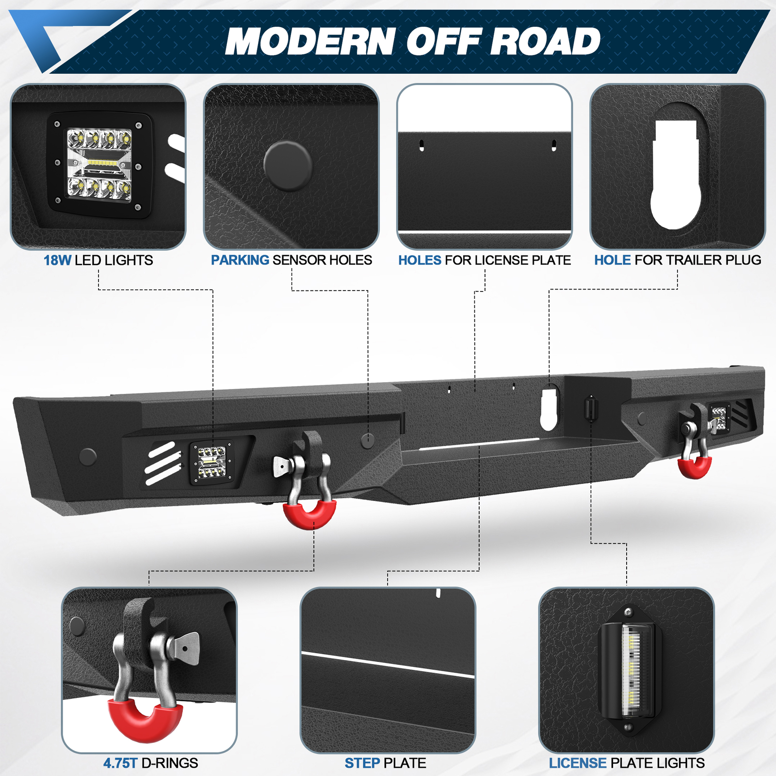 Rear Bumper For Nissan Titan&XD 2016-2024 w/ Sensor Holes & LED lights & D-Rings
