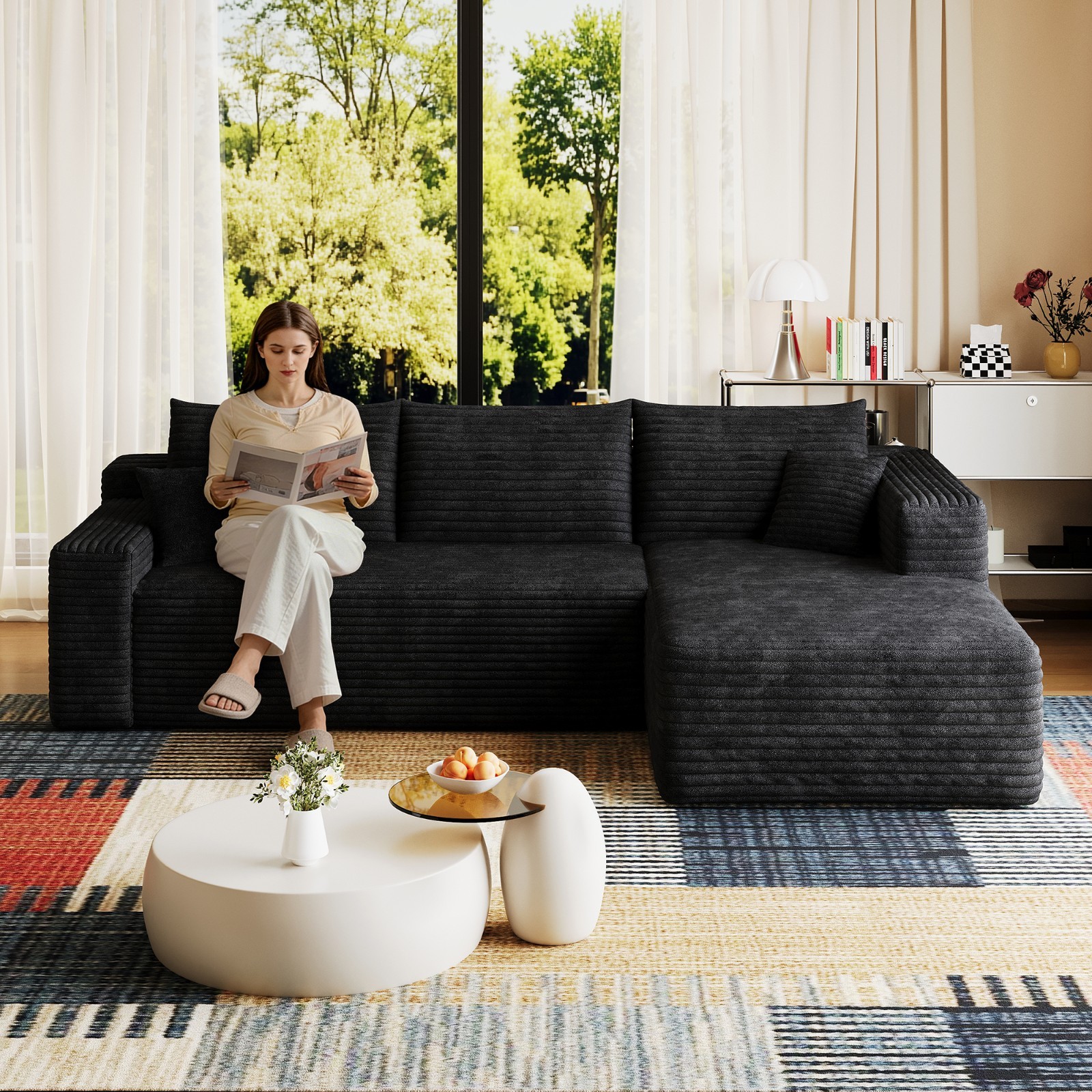 95" Cloud Sectional Couch with L-Shape Chaise Modular Corduroy Sofa Living Room
