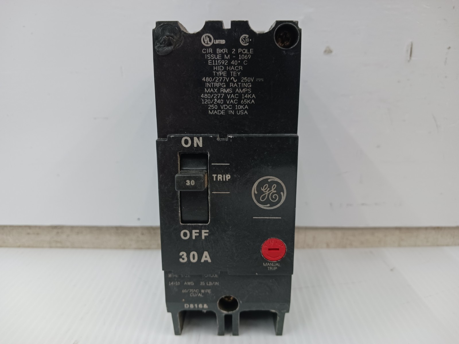 GE General Electric 30 Amp Bolt-On Circuit Breaker 2P 480/277 VAC 65kA TEY230