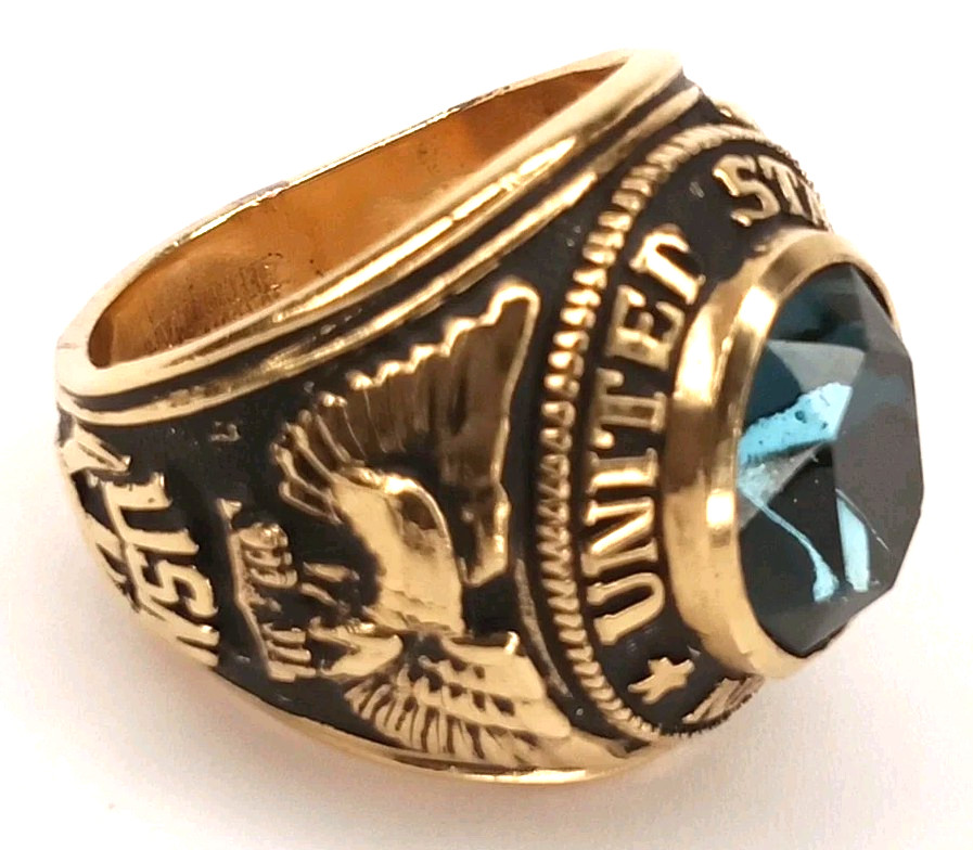 Vintage US Navy Ring 18K Gold Electroplate Blue Faux Sapphire Size 7 New Arrival