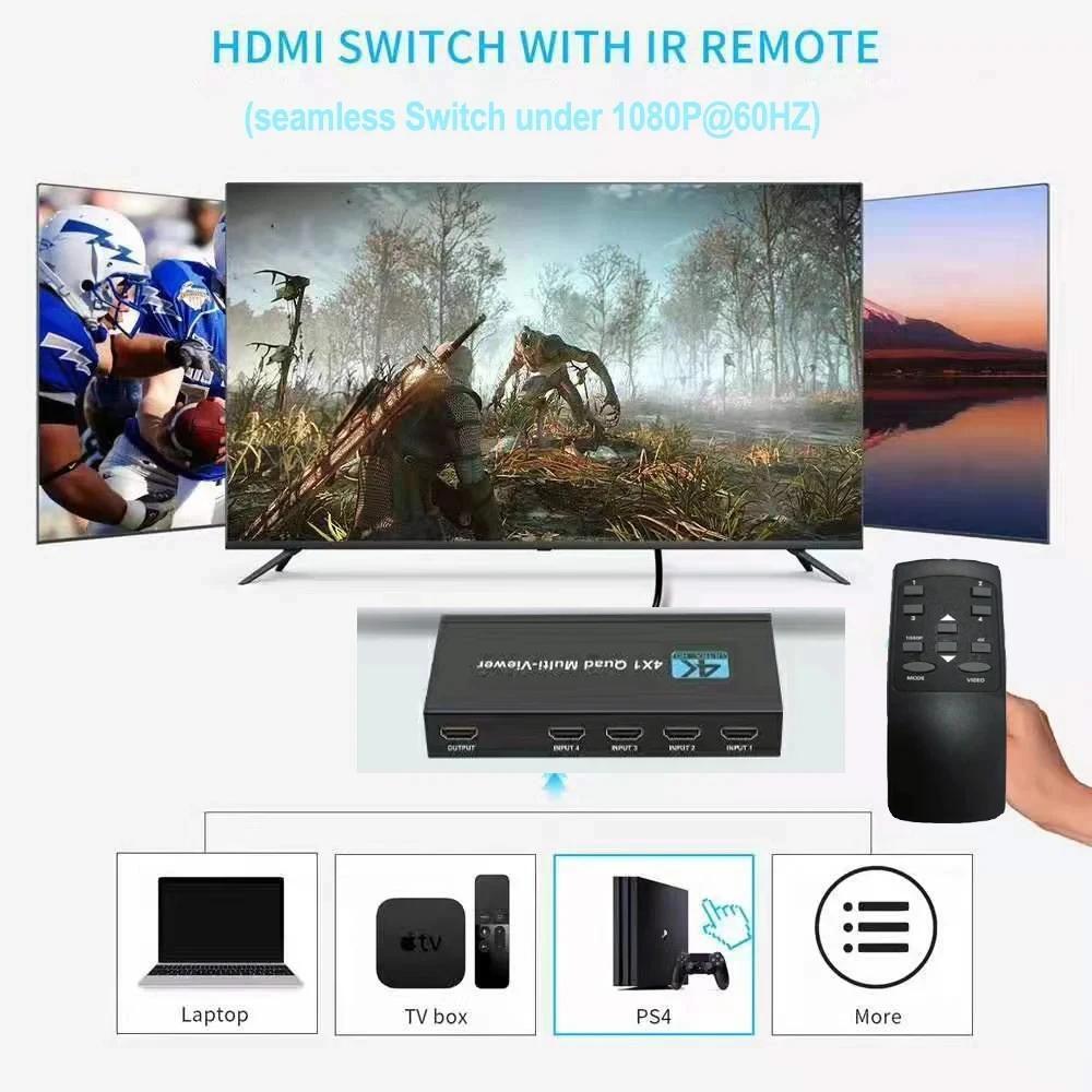 Multi-Viewer 4K HDMI 4x1 1080P Seamless Quad Screen Real Time Remote Splitter US