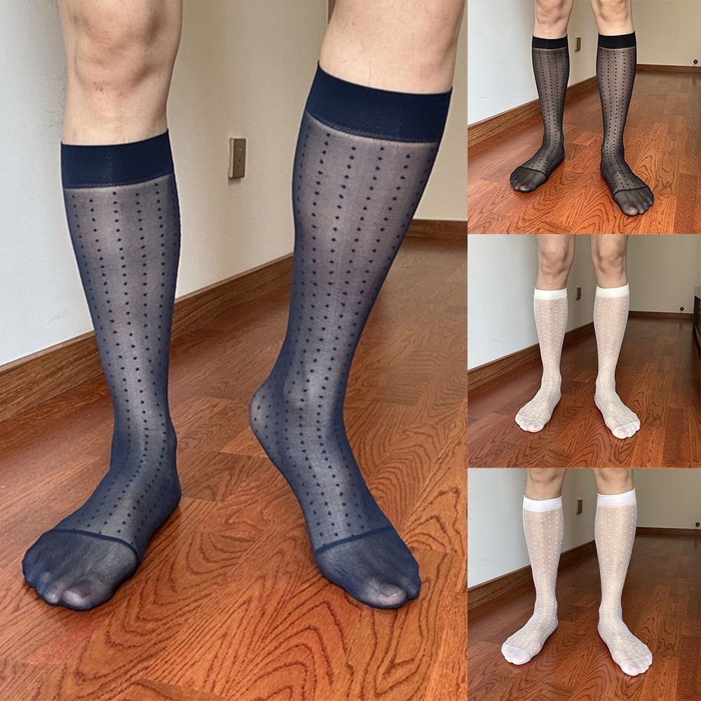 Men's Ultra Thin Sheer Dress Stockings with Polka Dot Pattern for Formal Use US