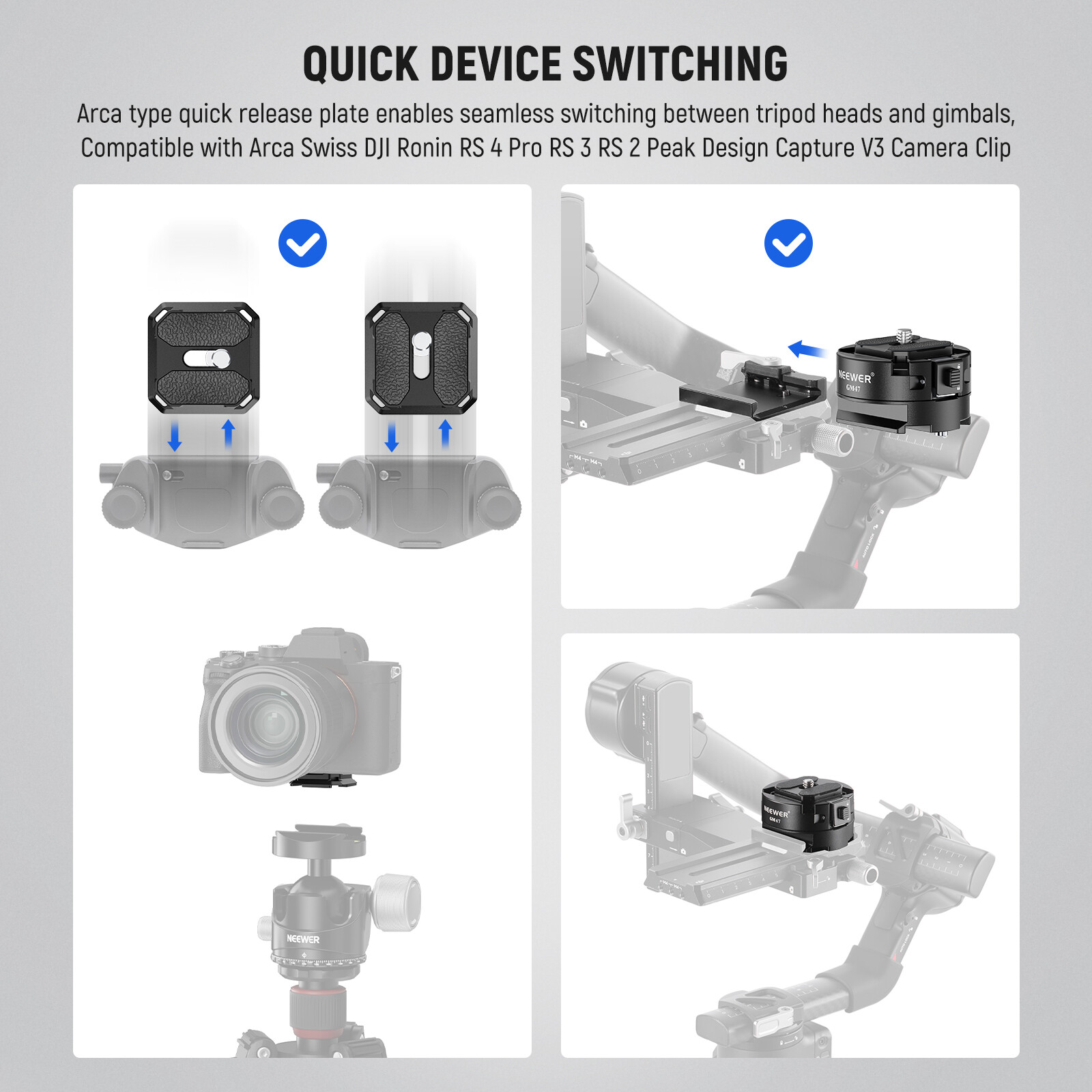 NEEWER Quick Release Plate Kit Auto Lock Square QR Camera Tripod Mount Plate