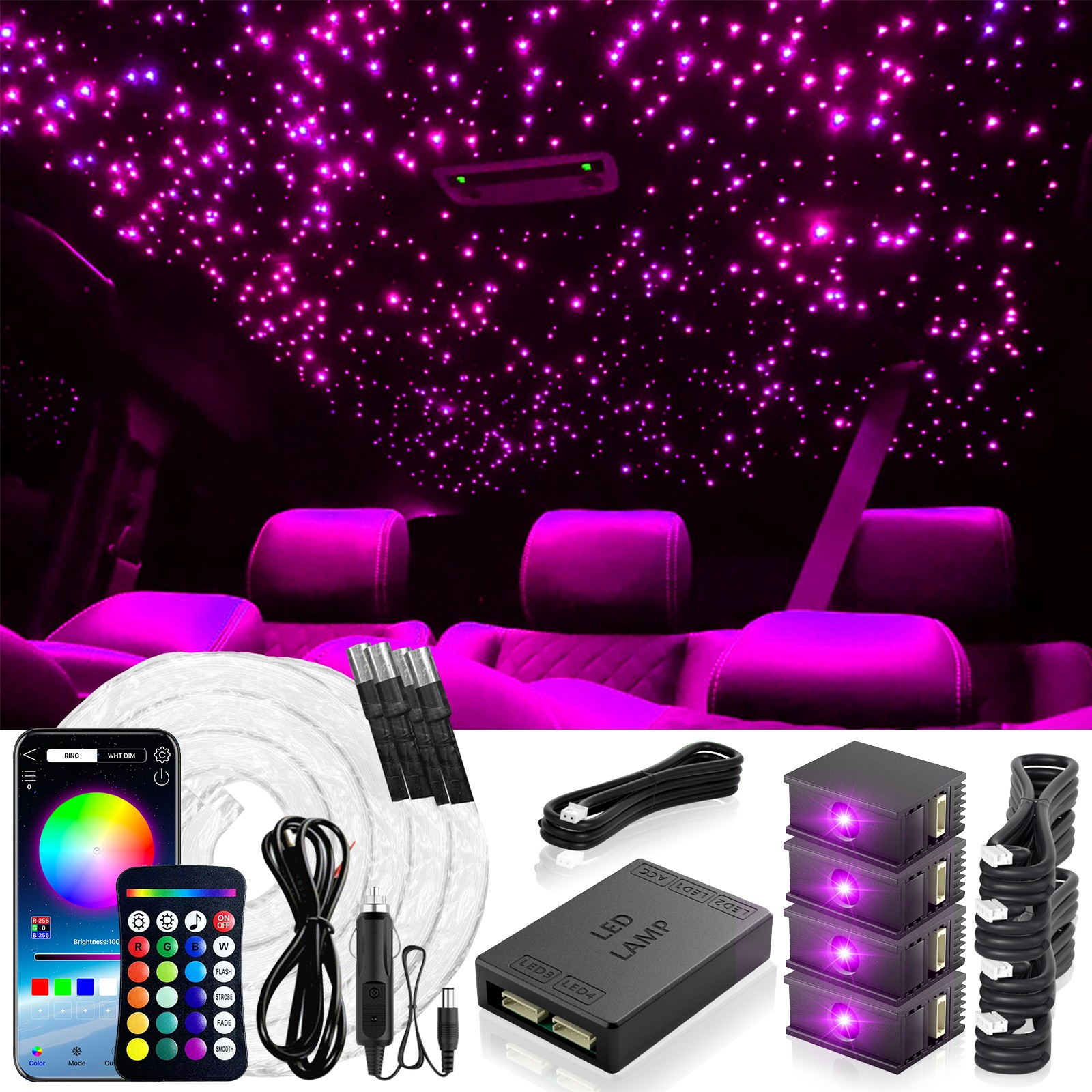 Starlight Headliner Kit Split 16W 800Pcs 0.02In 4.9Ft Car Theaters Lighting RGBW