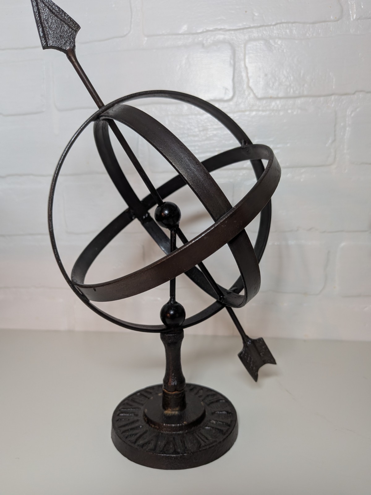 Black Metal Armillary Sphere Decorative Tabletop Globe Sculpture w/ Base 10in