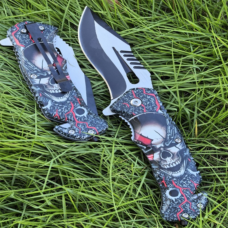 Tactical Skull Vein Spring Open Assisted Pocket Folding Rescue Knife Blade