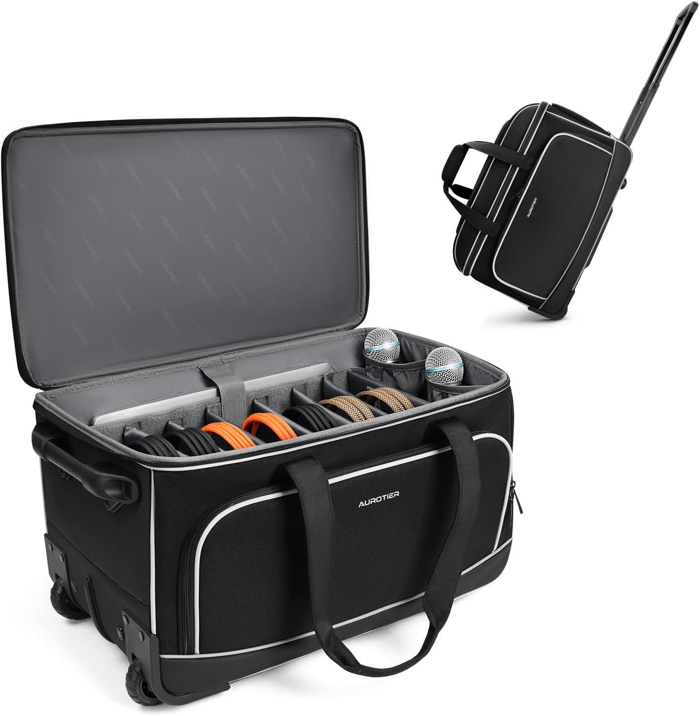 Large Rolling DJ Cable Bag with Wheels, Reinforced Padded Gig Bag with 8 Detacha