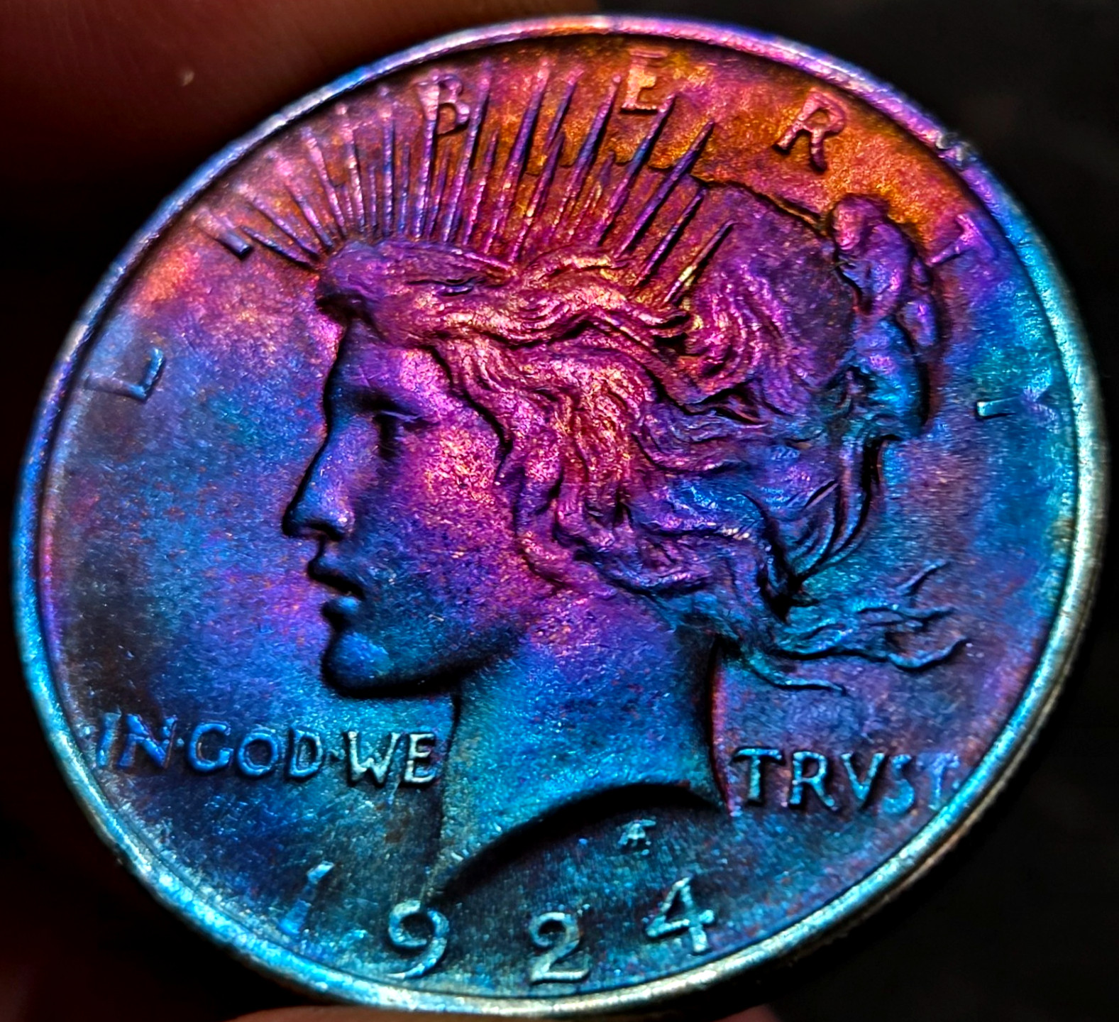 1924 Silver PEACE Dollar Coin Liberty $1 United States Rainbow Monster Toned BU