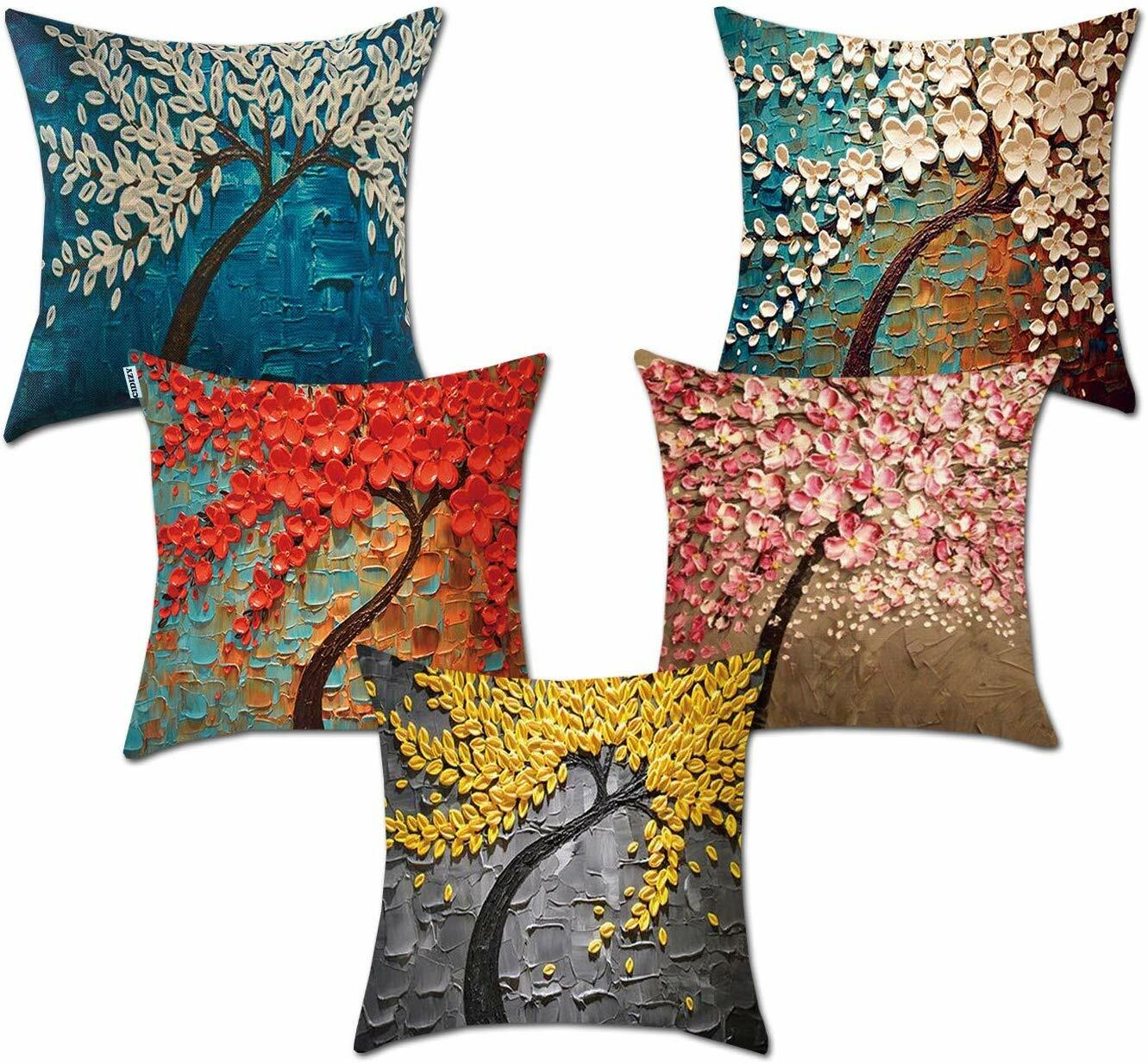 Jute Tree Floral Print Cushion Cover (Multicolour, 16x16 inches) - Set of 5 US