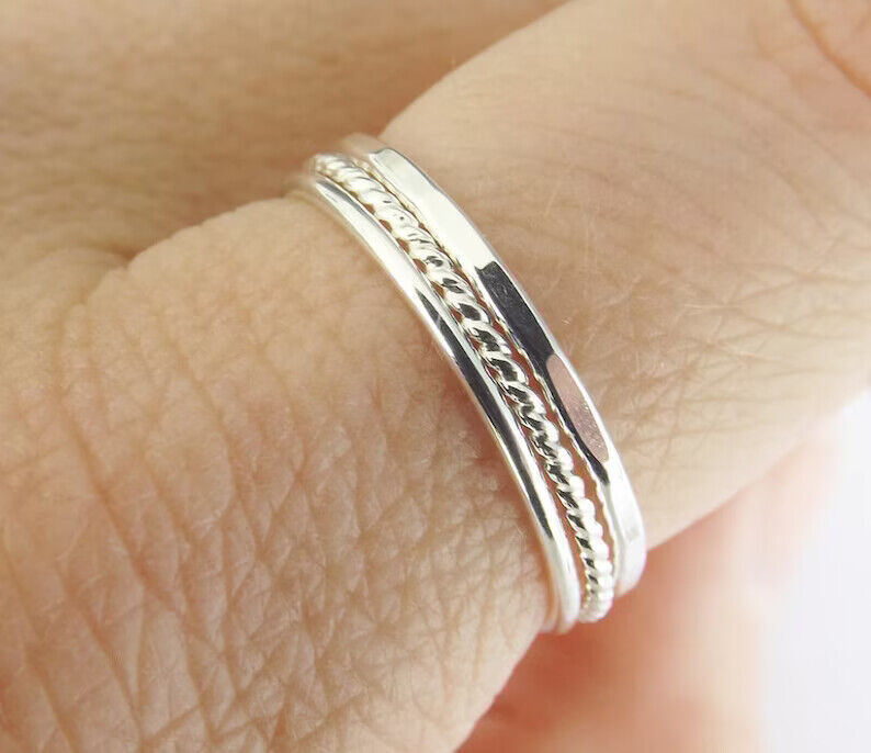 Solid 925 Silver Stacking Ring Handmade Multi Texture Women Ring All Size SR381