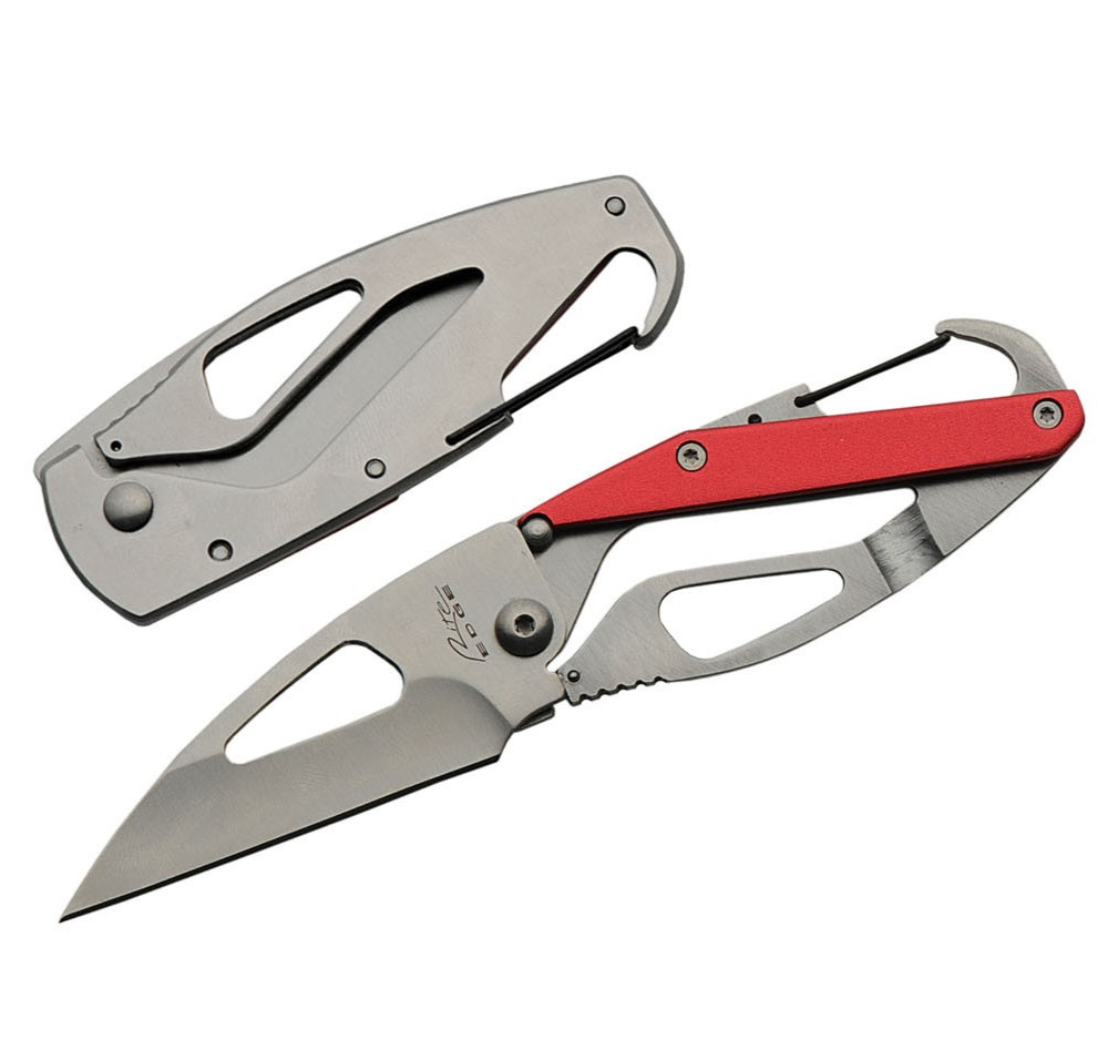 Folding Knife | Slim Minimalist EDC 3" Red Carabiner Clip Stainless Steel Blade