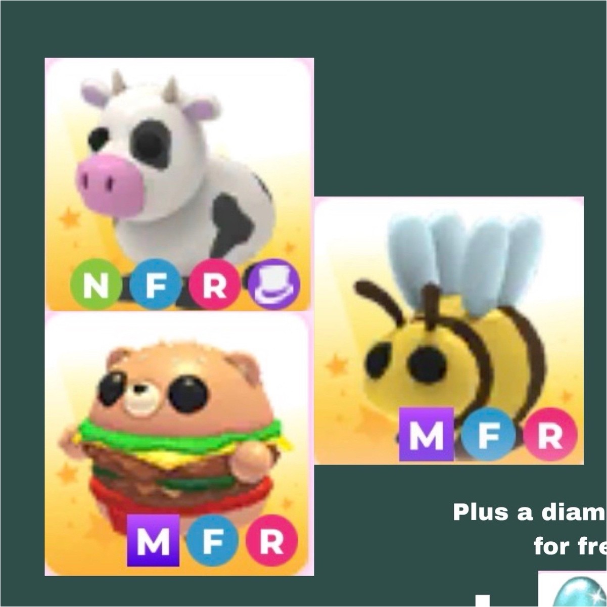 Adopt Me! Game Item Lot: NFR Cow, MFR Bee + MFR BURGER  (Free Diamond Egg)