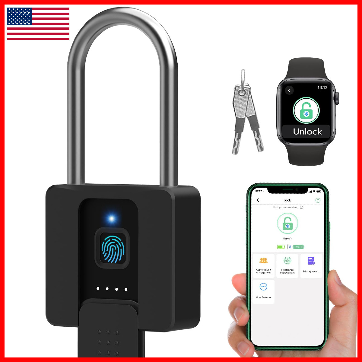Dhiedas Fingerprint Gate Lock 2.7 Long Shackle Heavy Duty Smart Padlock Key