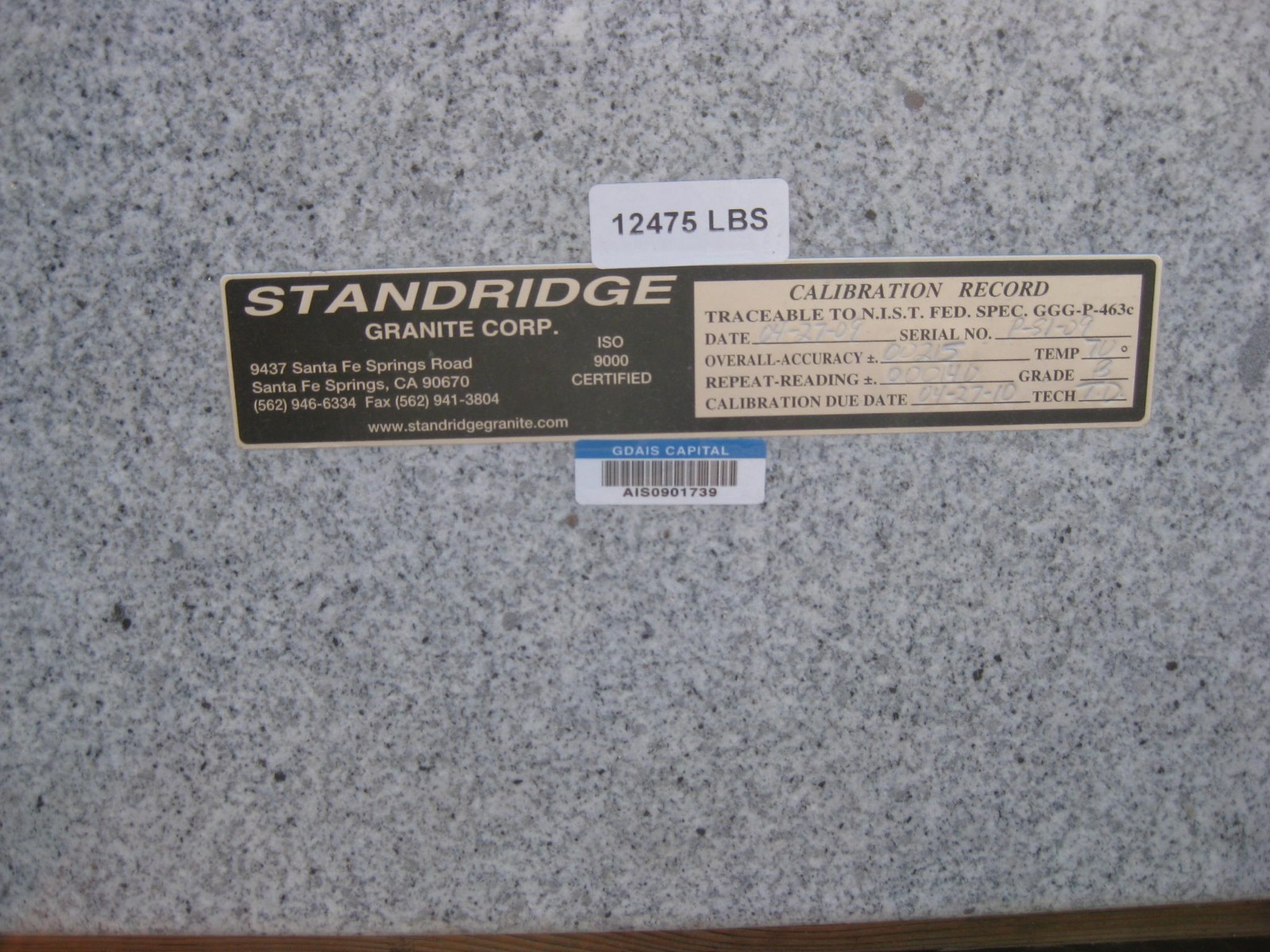 Granite surface plate 6' x 12' x 12.5"