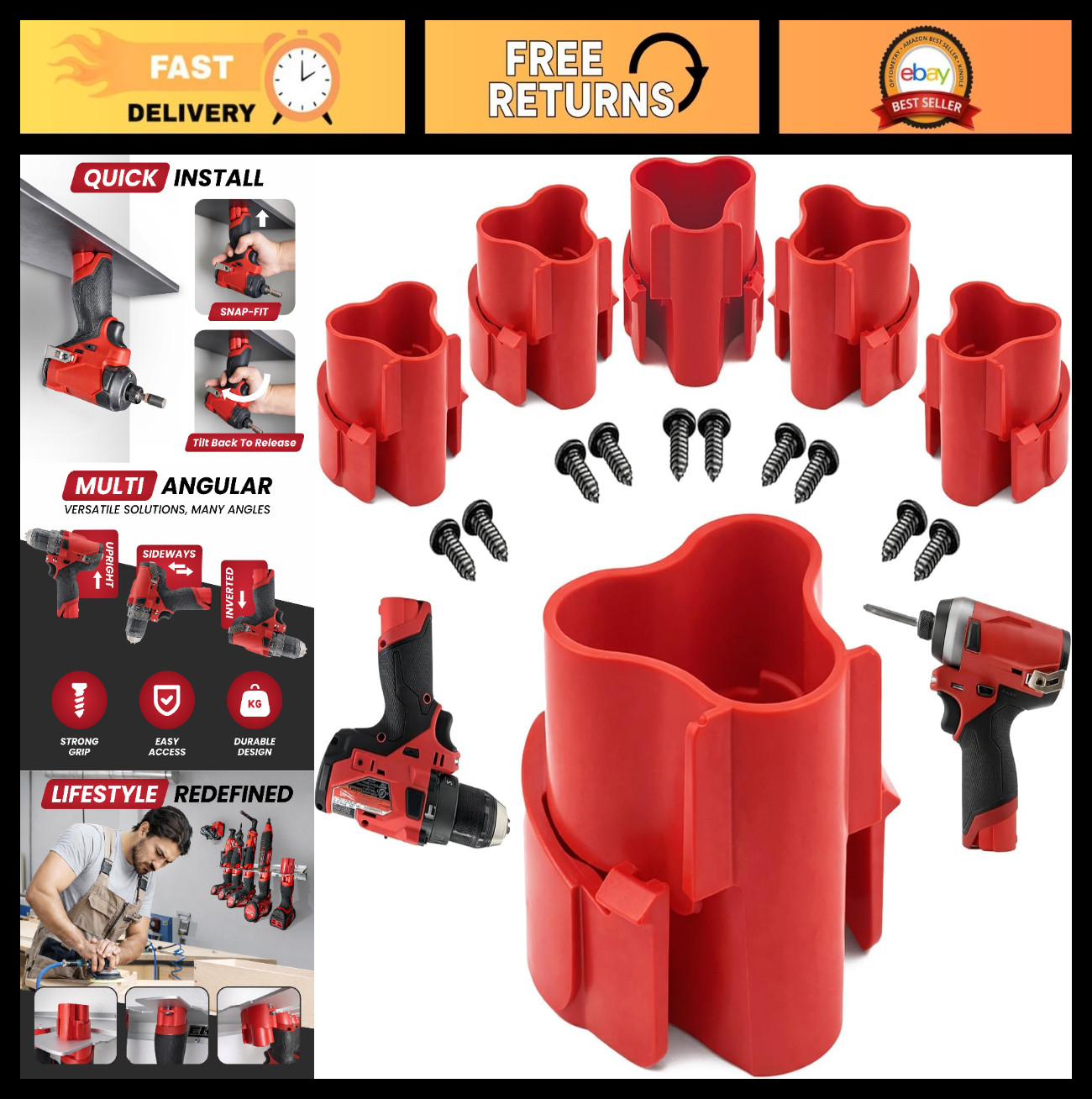 6 Pack Tool Holder for Cordless Tools - Snap Fit Organizer & Wall Mount with 12