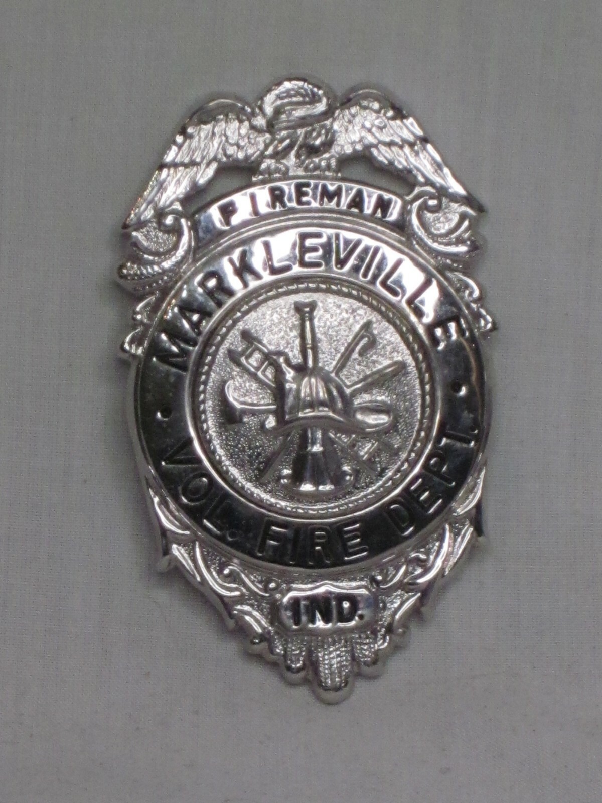 vintage obsolete FIREMAN Badge Volunteer Fire Department Dept. Markleville IND