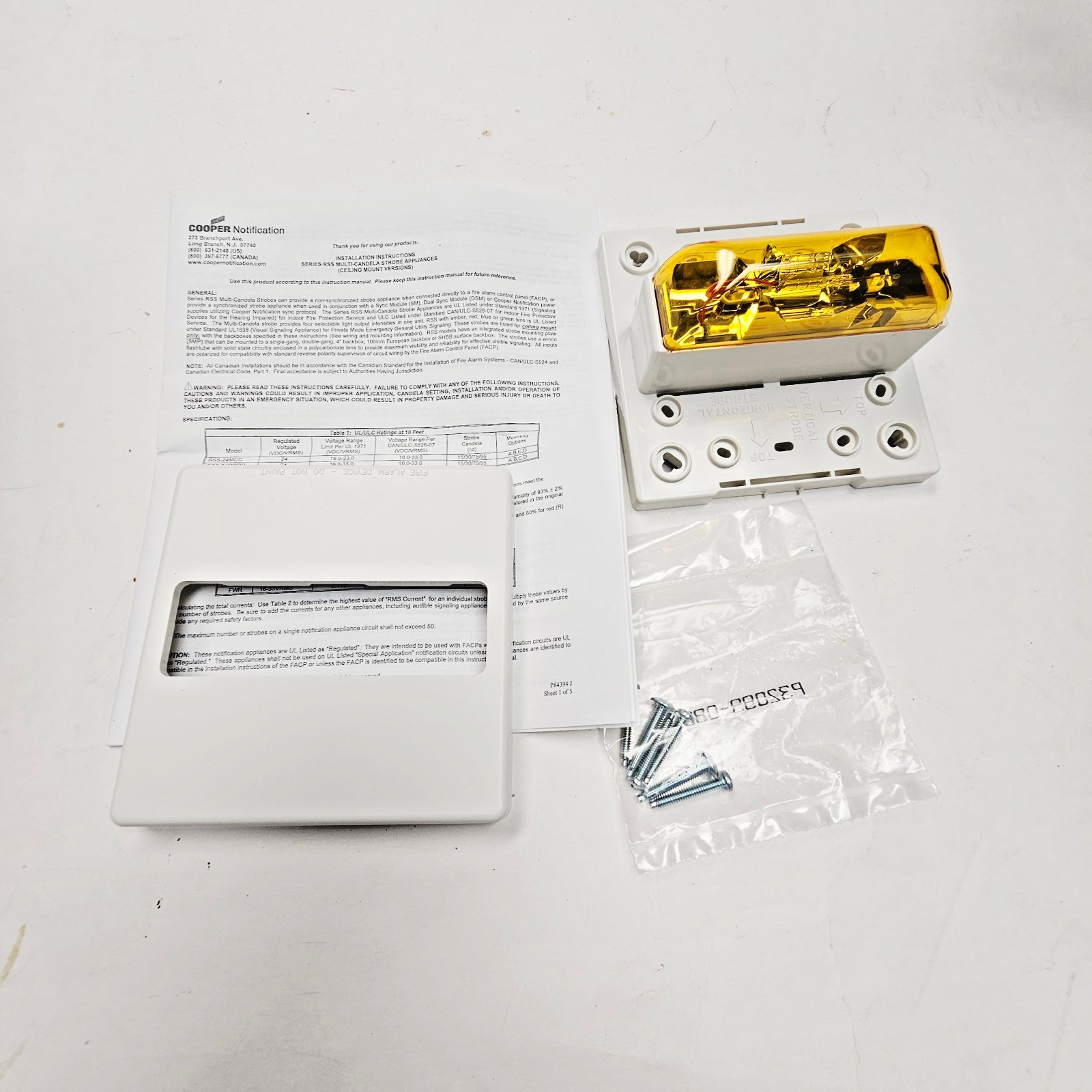 Cooper RSSA-24MCC-NW Strobe 24VDC Amber Lens Ceiling NEW