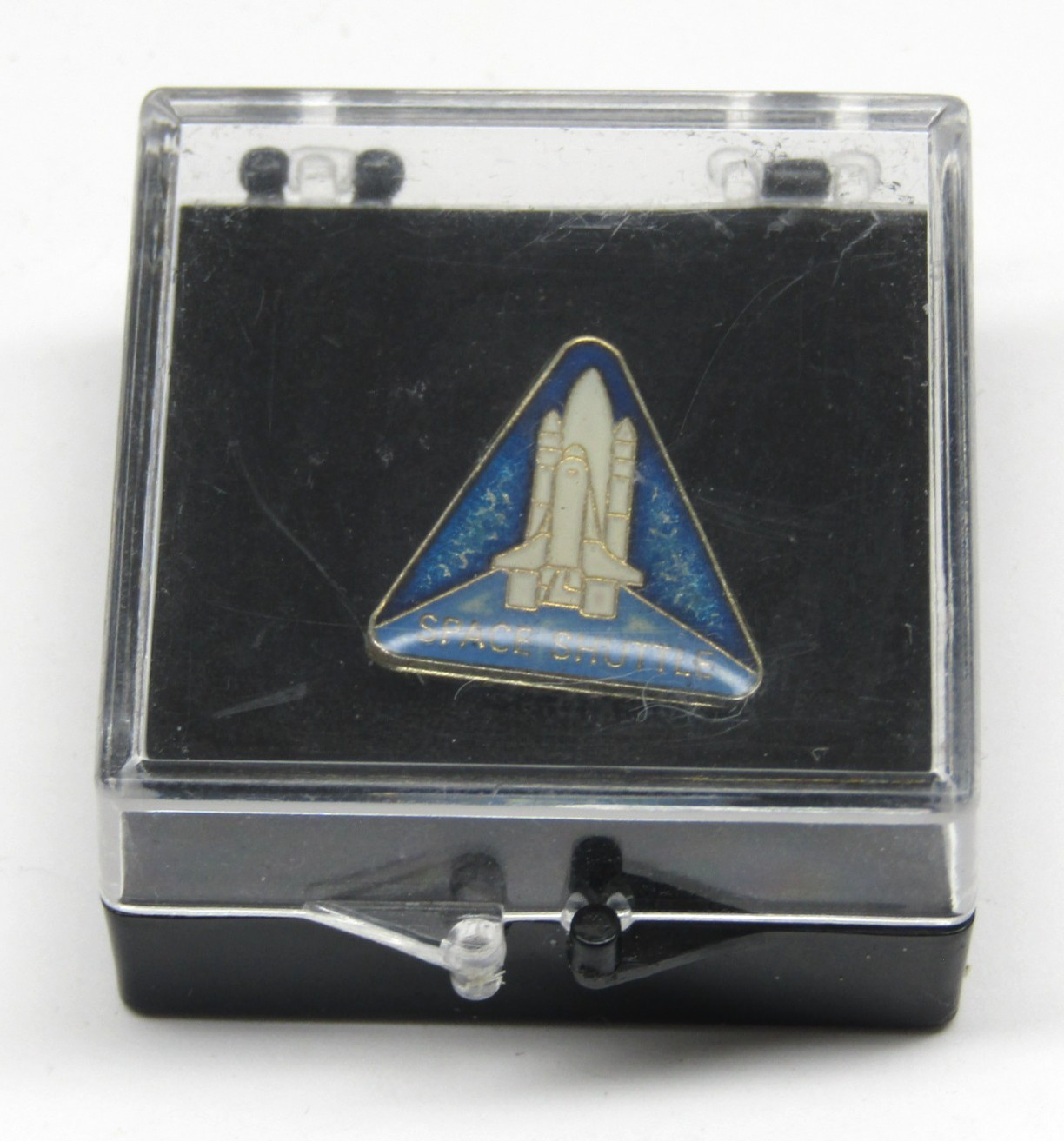 Vintage Shuttle Lapel Pin Blue Triangle Space Program Pinback Protective Case
