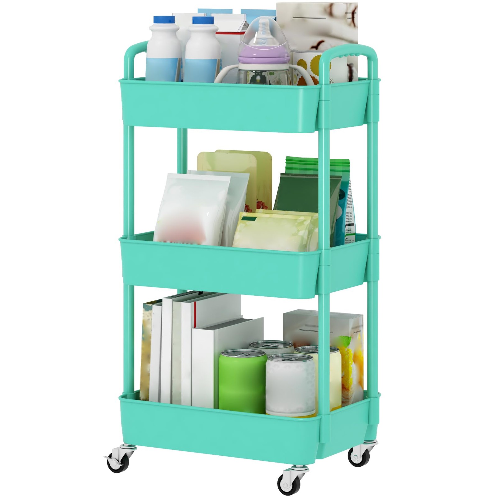 Sywhitta 3-Tier Plastic Rolling Utility Cart w/ Handle, Multi-Functional Storage