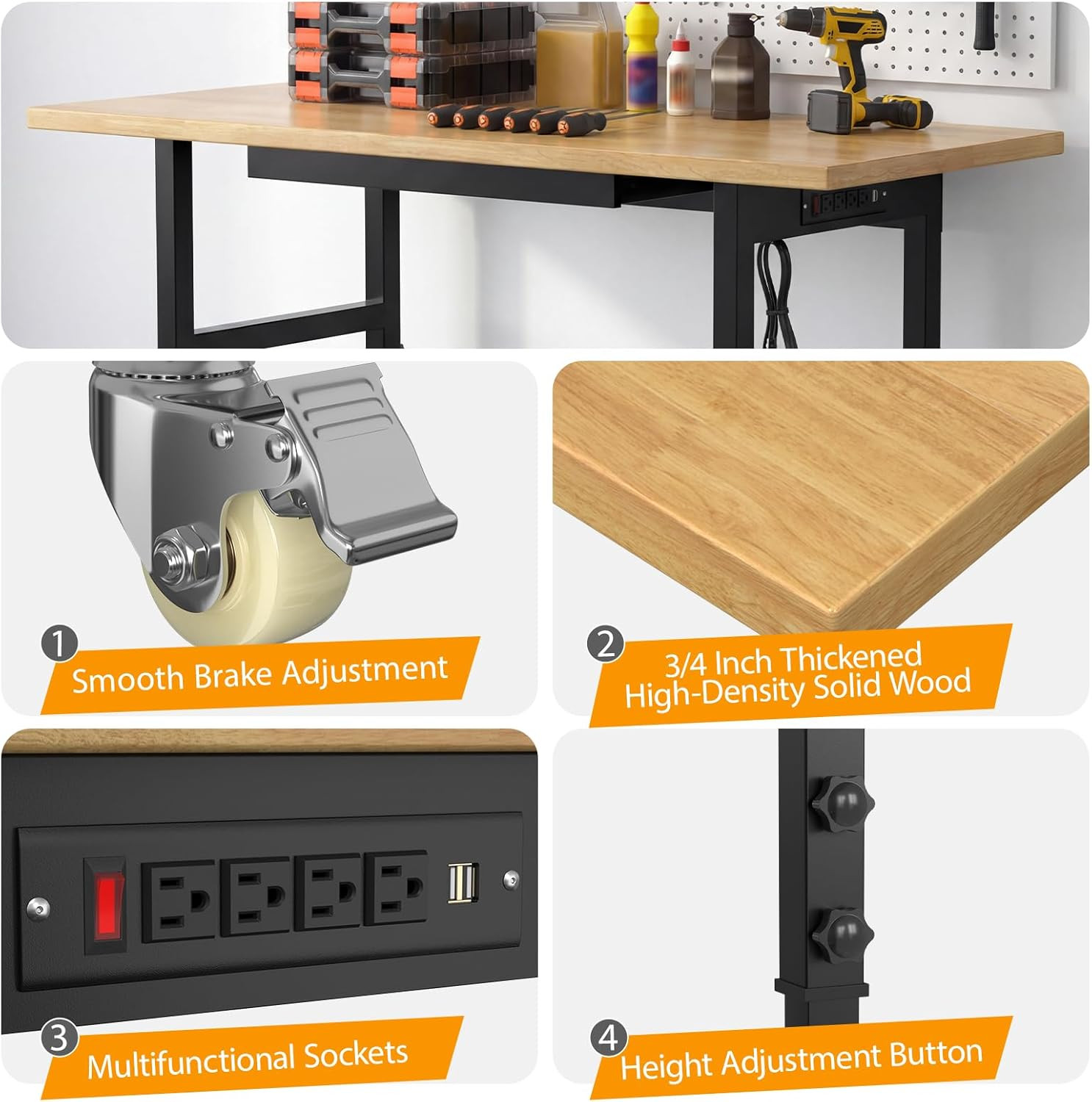 60" Adjustable Workbench,Heavy-Duty Work Table,3000 LBS Load Capacity Hardwood W