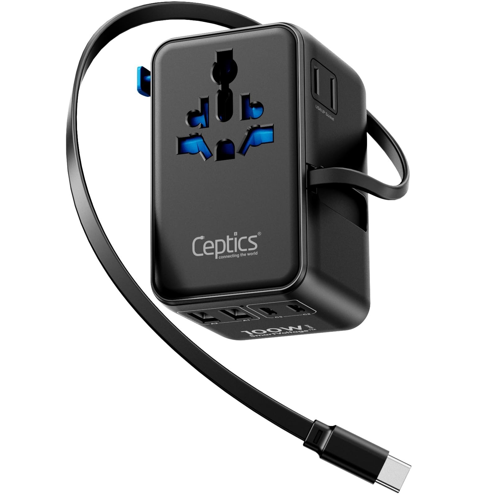 Ceptics GAN 100W Universal Travel Adapter with Retractable USB-C Cable, 2X US...