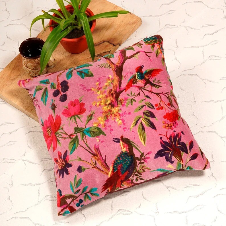 Pink Bird Printed Velvet Cushion Cover Pillow Throw Ethnic Indian Handmade Cover